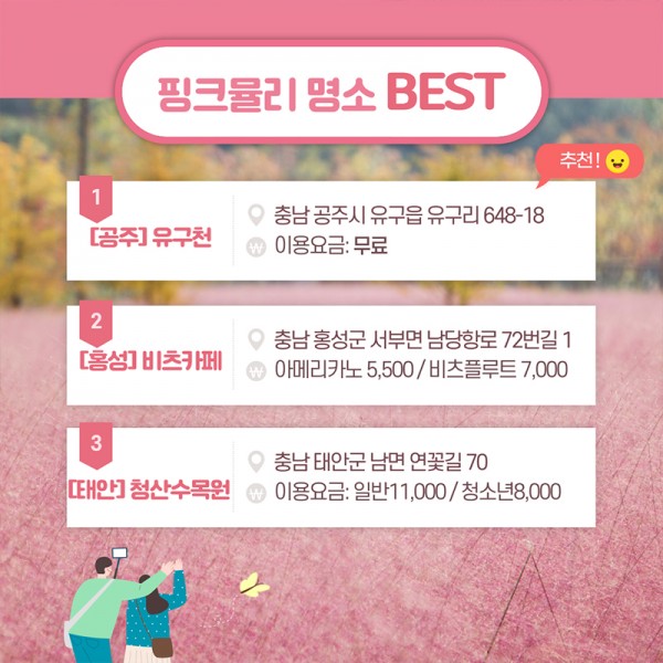 핑크뮬리 명소 BEST 1[공주]유구천 충남공주시 유구읍 유구리 648-18. 이용요금:무료. (추천!). 2[홍성]비츠카페 충남 홍성군 서부면 남당항로 72번길1. 아메리카노 5,500원/비츠플루트 7,000원. 3[태안]청산수목원 충남 태안군 남면 연꽃길70 이용요금:일반11,000원/청소년8,000원