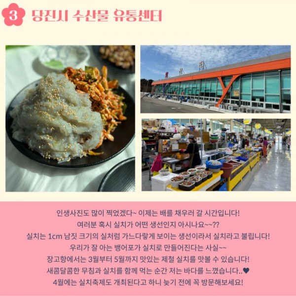 3. 당진시 수산물 유통센터: 인생사진도 많이 찍었겠다~이제는 배를 채우러 갈 시간입니다! 여러분 혹시 실치가 어떤 생선인지 아시나요~~?? 실치는 1cm 남짓 크기의 실처럼 가느다랗게 보이는 생선이라서 실치라고 불립니다! 우리가 잘 아는 뱅어포가 실치로 만들어진다는 사실~~ 장고항에서는 3월부터 5월까지 맛있는 제철 실치를 맛볼 수 있습니다! 새콤달콤한 무침과 실치를 함께 먹는 순간 저는 바다를 느꼈습니다...♥ 4월에는 실치축제도 개최된다고 하니 늦기 전에 꼭 방문해보세요!
